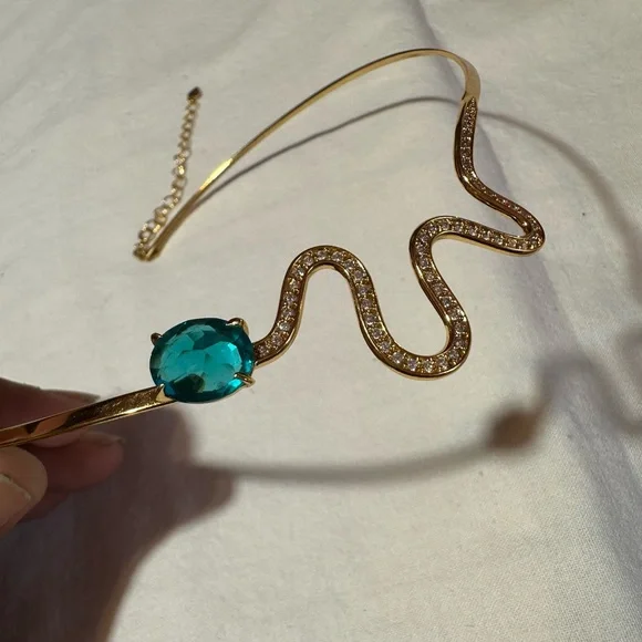 Gold Plated Snake Choker Necklace – Cubic Zirconia & Emerald Green Crystal - Picture 3 of 6